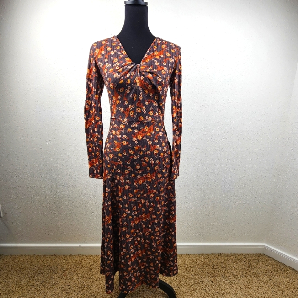 Retro 70's Brown Orange Floral Long Sleeve Prairie Midi Dress Women's Size 2, XS - Picture 1 of 8